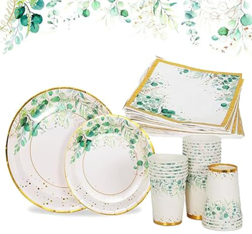 Lsydgn Set di Stoviglie per Feste Verdi 96 Pezzi - Piatti, Tazze e Tovaglioli di Carta Verde Salvia per Decorazione Compleanno