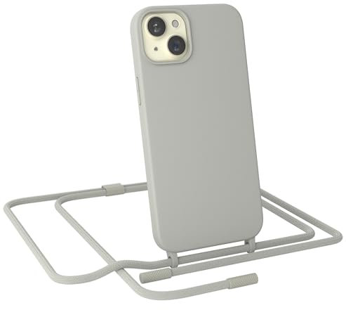 EAZY CASE - Handykette kompatibel mit iPhone 15 Plus - dünne Handyhülle für iPhone 15 Plus Hülle mit Band als Fallschutz Kette zum Umhängen stoßeste Hülle Silikon mit Mikrofaser in Taupe