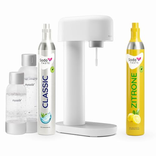 Sparpaket: Mysoda Ruby - Wassersprudler aus Aluminium mit 1L und 0,5L BPA-freier Plastikflasche, CO2-Zylinder Classic + CO2-Zylinder Zitrone (Weiß)