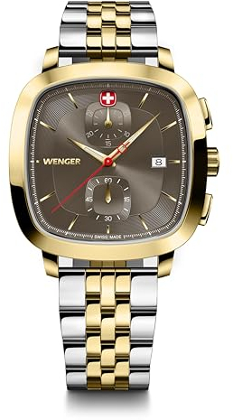 WENGER Herren Armbanduhr Vintage Classic Chrono Ø 40 mm, Swiss Made, Analog Quarz, Wasserdicht bis 50 m, Edelstahl-Armband, Braun/Silber/Gold, 01.1933.106