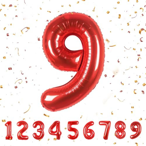 Geburtstag zahlen luftballon 9 jahre | Folienballon Kindergeburtstag Deko 9 XXL Rot-Riesen Folienballon in 40 - 101cm Geburtstagsdeko - Ballon Zahl Deko zum Geburtstag - fliegt mit Helium Red9