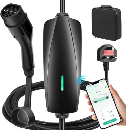 EV Charger APP Control 8M, 6-13A Adjustable Current, 0-24 Hours Delayed Timer, Max. 3.3kW, EV Charger Cable Type 2 to 3 Pin Plug, Wifi & Bluetooth Connection, IP65 Waterproof (8M)