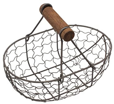 Xnferty Kleiner Drahtkorb, 7,1 Zoll Eisen-Metalldrahtkorb mit Holzgriff, Ländliche Vintage-Form, Garten-Erntekorb, Ovaler Aufbewahrungskorb Zum Sammeln von Hühnereiern, Drahtkorb für(Schwarz)