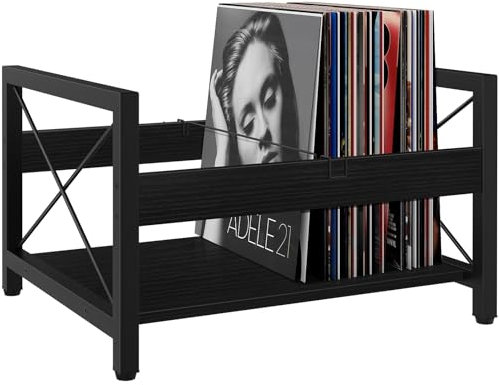 ELITEROO Vinyl Record Holder, Wooden Record Crate Fits 7” -12” Records, Vinyl Shelf Holds up to 50-100 Albums, DVDs, CDs or Files Wood Book Storage Stand Desktop Organizer Box (Black)