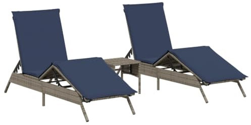 vidaXL Sonnenliegen 2 STK., Sonnenliege mit Tisch Kissen, Relaxliege für Garten Terrasse, Gartenliege Sonnenbett, Grau Poly Rattan