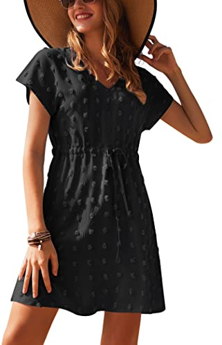 Ekouaer Vestido de Playa para Mujer Corto Verano Pareos de Playero Cuello en V Bikini Cover Up Manga Corta Ropa de Playa Casual S-XXL