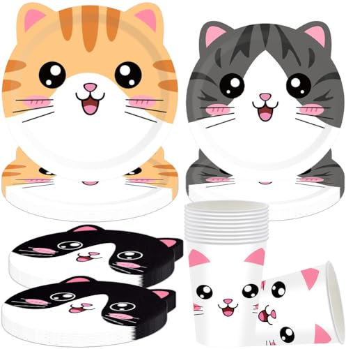 Platos con forma de gato, Vajilla De Fiesta De Cumpleaños De Gato, Juego de Suministros para Decoraciones de Fiestas de Gatos, 50PCS decoración de fiesta platos, servilletas, vasos de papel,10 persona