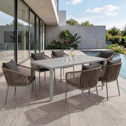 Mendler Gartengarnitur HWC-N41, Tisch+6xStuhl, wetterfest Alu 180x80cm, Seilgeflecht Rope - grau, Kissen dunkelgrau