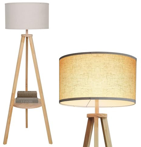 PULUOMIS Floor Lamp, Tripod Standing Lamps for Living Room, Tall Standard Lamp with Shelf Fabric Shade E27 Base Modern Reading Lamp for Bedroom Office Home