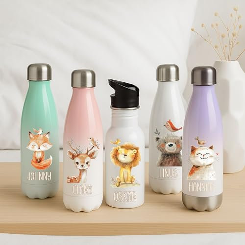 wolga-kreativ Kinderflasche Edelstahl 500ml personalisiert – Trinkflasche Tiermotiv mit Namen – Thermo oder Strohhalm – Auslaufsicher BPA-frei – Kindergarten Schule Geschenk