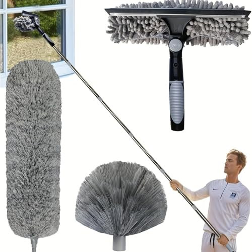 Kit di rimozione della polvere ad alta portata 6 m con spolverino in microfibra a ragnatela, asta telescopico 1,5-4,9 m per ventilatore da soffitto, tetto, finestre, pareti, paralumi