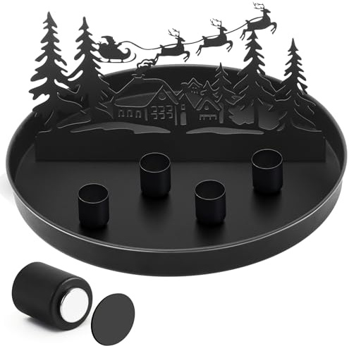 Magnet Kerzentablett für Stabkerzen, Adventskranz Modern 25cm Rund mit 4 magnetischen Metall Kerzenständer, Weihnachten Stabkerzenhalter Adventskranz Tablett Festtags Kerzen Ständer, Schwarz