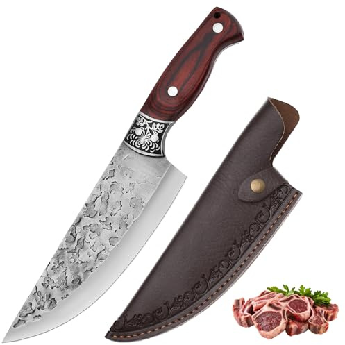 Doklasu Chef Knife 7 inch Japanese Style Kitchen Knife Hand Forged Full Tang High Carbon Steel for Home Cooking with Red Coloured Wooden Handle and Sheath