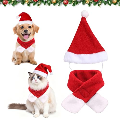 Katzen Weihnachtsmütze Und Schal,Katzen Hunde Weihnachtskostüm,Weihnachtsmütze Katze,Weihnachten Katze kostüm,Katzenkostüm Weihnachten.