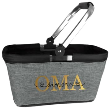 AWASG Einkaufskorb Oma personalisiert, Personalisiertes Geschenk Einkaufstasche mit Name, Tragekorb mit Alurahmen faltbar, 20L grau