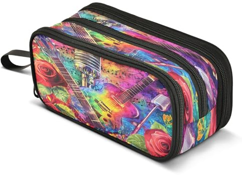 Mnsruu Federmäppchen mit Gitarren-Mikrofon, Rose, großes Fassungsvermögen, Stifte-Tasche, 3 Fächer, große Stiftebox für Jungen und Mädchen, Schule, Aufbewahrungs-Organizer