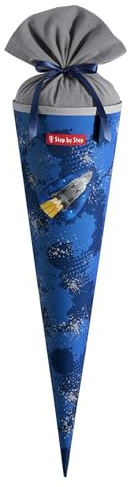 Step by Step Schultüte „Rocket Novo“, blau, passend zum Schulranzen, aus recycelten PET-Flaschen, Verschluss aus Stoff, 5 l Füllvolumen, 70 cm Höhe