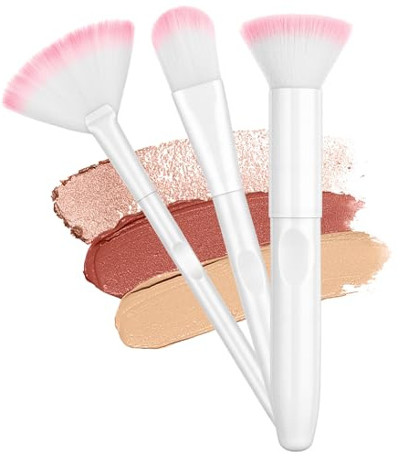 LOPHE Kit de 3 Pinceaux Maquillage Visage - Pinceau Fond de Teint Plat, Blush Rond et Highlighter Éventail - Fibres Synthétiques Douces pour un Teint Parfait - Pour un Usage Quotidien et Voyage