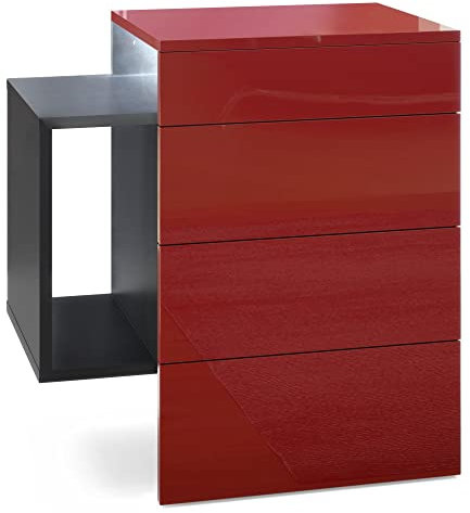 Vladon Nachttisch Queens, Made in Germany, Nachttischschrank mit 2 Schubladen und 1 seitlichem Fach zur Wandmontage, Schwarz matt/Bordeaux Hochglanz, inkl. LED Unterbaustrahler weiß (60 x 63 x 36 cm)