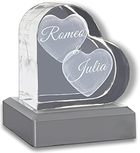 3Dglas Cristal Je t'aime y Compris la Socle Brille très Fort Cœurs 58 mm avec nom gravé au Laser | Cadeau témoignage d’Amour