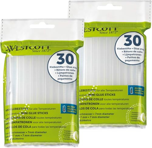 Westcott bâtons de colle chaude 7mm 60 pièces | Recharge de 60 bâtons de colle pour pistolet à colle de taille standard 7 x 102mm | Transparentes pour toutes les plages de température | E-16838 00