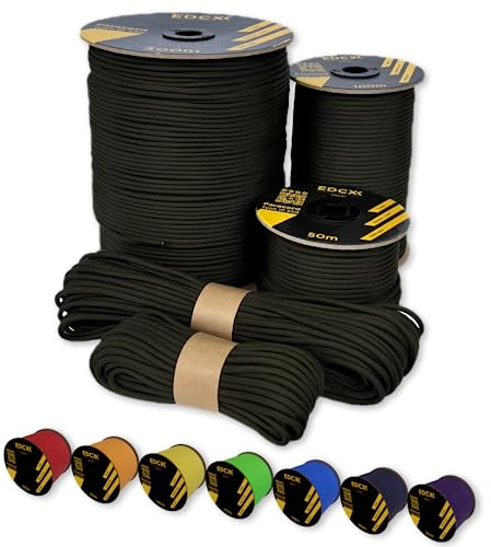 EdcX Paracord 4 mm, 35+ Volltonfarben (10 m, 15 m, 30 m, 50 m, 100 m, 300 m) | Ideal zum Basteln, Camping, Outdoor | 100% Nylonseil 4 mm| Taktische Schnur 550 Typ III (Army Green, 100 m)
