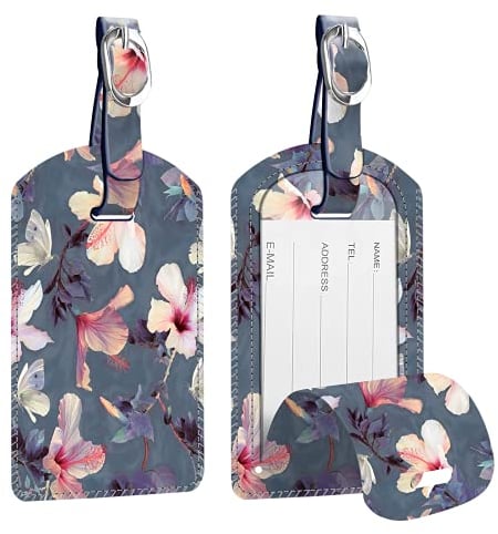 [2 Stück] Fintie Kofferanhänger aus Kunstleder, Gepäckanhänger ID Etikett mit Adressschild Namenschild für Reisetasche Koffer, Blühender Hibiskus