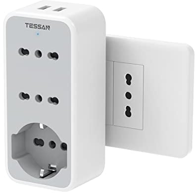 TESSAN Presa Elettriche, Multipla Salvaspazio con 1 Polivalenti e 2 Bivalenti 10/16A, Tripla Schuko con 2 Porte USB, Multipresa Elettrica 3680W, Presa USB da Muro per Telefono e Elettrodomestici