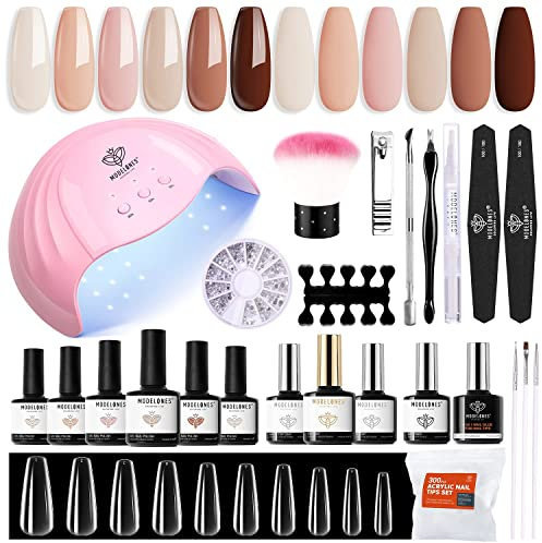 Modelones Gel Nail Polish Set - 6 Nude & Brown Colors, 48W Nail Lamp, No Wipe Base & Top Coat, 15 ml