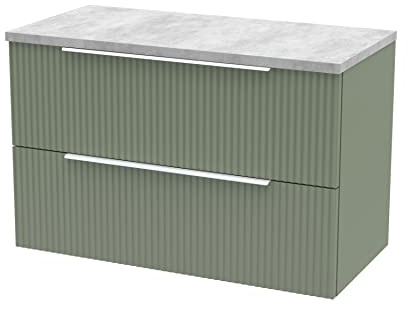 Hudson Reed DFF895LBG Fluted Modern Bathroom Wall Hung 2 Drawer Vanity Unit with Bellato Grey Laminate Worktop, 800mm, Satin Green