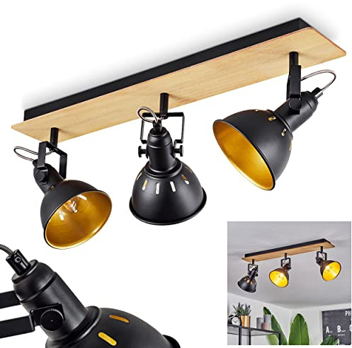 HOFSTEIN Deckenleuchte Tina, verstellbare Deckenlampe aus Metall/Holz in Schwarz/Gold/Natur, Leuchte im Industrial/Retro/Vintage-Design mit Lichteffekt, 3 x E14, Wohnzimmer, Esszimmer, Schlafzimmer