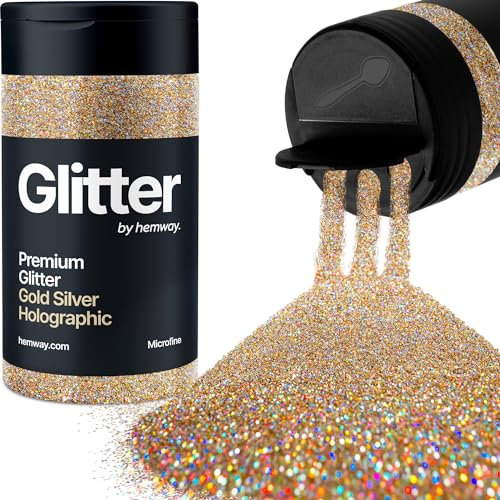 Hemway Premium Glitter Shaker - Gold Silver Holographic | 125g Microfine Metallic Flake Sequins for Resin & Epoxy Crafts | Craft Supplies for Tumblers, Festival, Hair, Face, Body, Eye & Nail Art