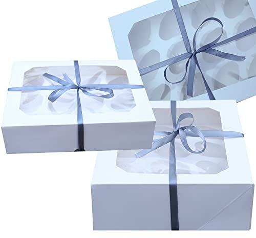 PACKARDI Pack of 5 White Cupcake Boxes 12 Hole with Window Including Ribbon and Stickers – Unique Cup cake Box with Auto Popup Perfect for Party Muffins, Cupcakes, Small Cakes & Cookies