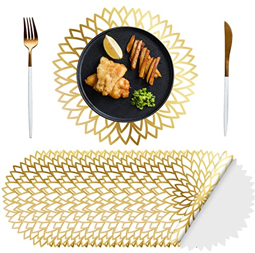 100 Stück Einweg-Tischsets aus Papier, goldfarben, metallisch, rund, 33 cm, laminiertes Papier, Blatt, Esstischdekoration, gepresstes Papier, Hochzeit, Heimdekoration (Goldblüte)