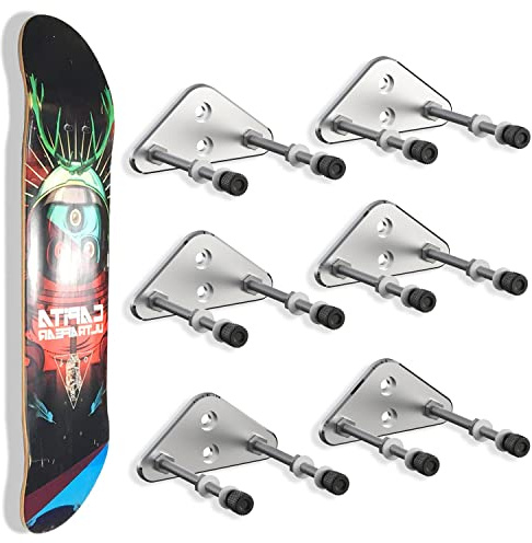 6 Packs Skateboard Wall Mount Aluminum Skateboard Hanger with Two Screw Holes for Display Skateboard Deck Storage Horizontal and Floats Vertically - Silver