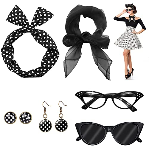 VEGCOO 6 Stück 50er Jahre Kostüm für Frauen, Retro 1950er Jahre Kostüm Accessoires, Fett Verkleidung für Frauen Mädchen Damen, Polka Dot Bandana Schal Brille Ohrringe (schwarz)