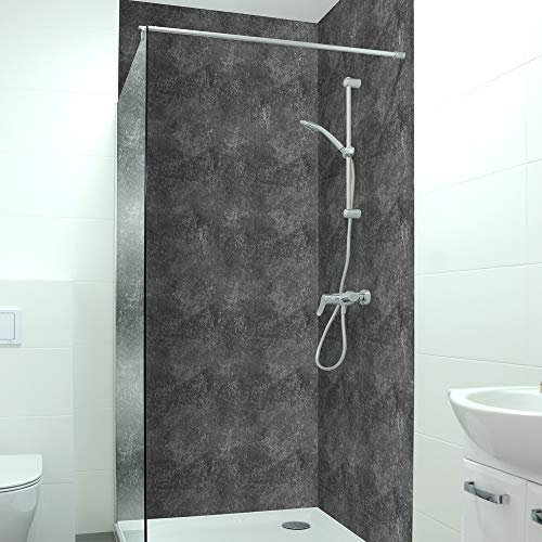 DRUCK-EXPERT Premium Duschrückwand 0,4 mm selbstklebendes Hart-PVC, Größe:3 x B 103 x H 240 cm Hochformat, Muster:Schieferstruktur Anthrazit