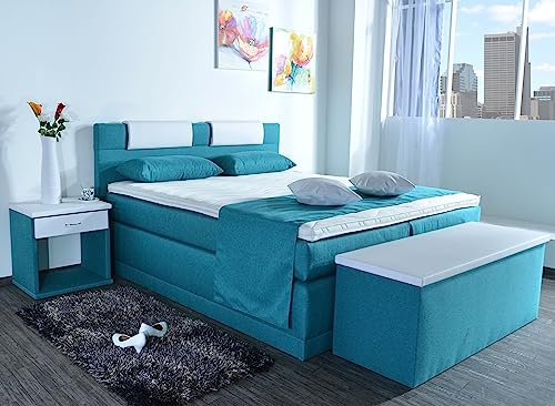 AUKONA Boxspringbett Piano 90x200, Türkis H3, 7 Zonen Taschenfederkern-Matratze, H2 H3 H4, Komfortschaum-Topper, Lieferung und Aufbau kostenlos
