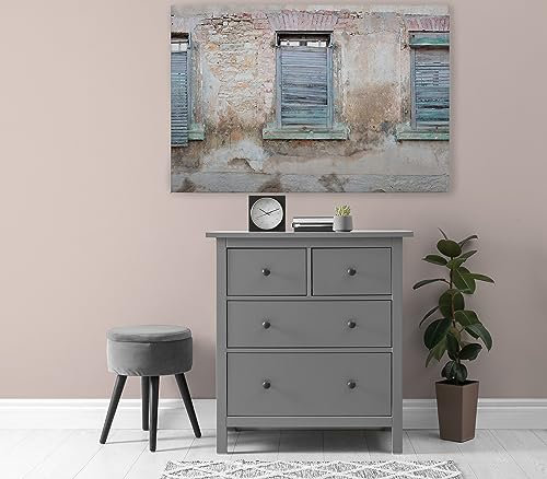 Leinwandbild Ziegelmauer mit rustikalen Fensterläden und Rundbögen - Kunstdruck Beige Blau Braun - 120x80 cm Querformat - Moderne Wanddekoration Schlafzimmer Wohnzimmer - Bild auf Keilrahmen