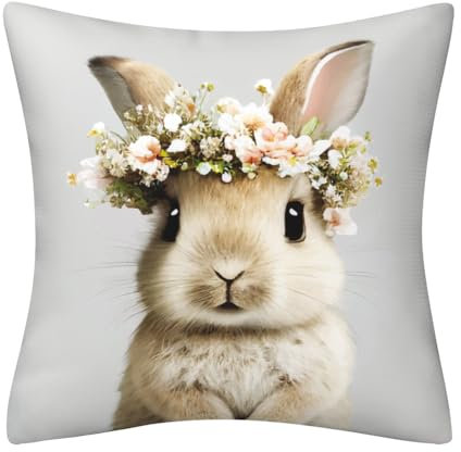 DILOXNSU Lustiger Hasen-Kissenbezug, niedliches Tier, Kaninchen in Blumenstrauß, 45 x 45 cm, Heimdekorationen, Kissen für Wohnzimmer, Couch, Sofa, Dekoration, 45,7 x 45,7 cm
