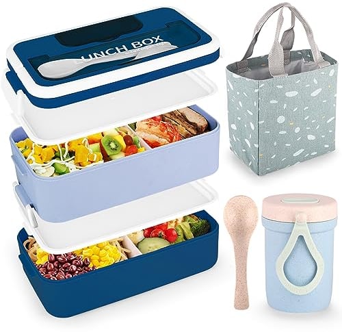 VEIOK Bento Lunch Box Adult 1600ml Lunchbox Stackable with Compartments and Bag (Blue)