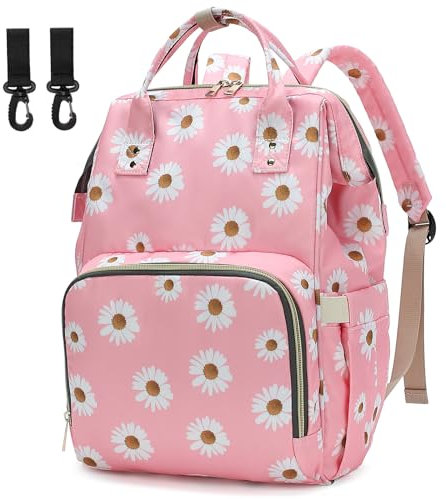 Yusudan Wickeltasche Rucksack für Babys, Mädchen, Mutter, wasserdicht, große Windeltaschen für Frauen, Gänseblümchen Pink