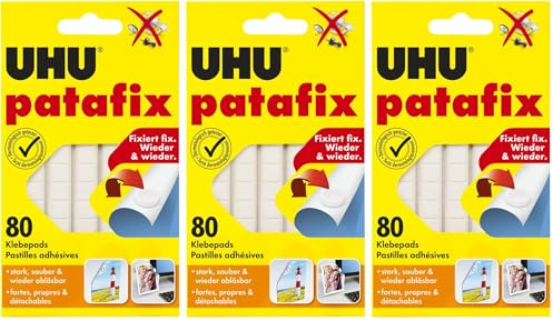 UHU patafix, wieder ablösbare und verwendbare Klebepads, weiß, 80 Stück (Packung mit 3)