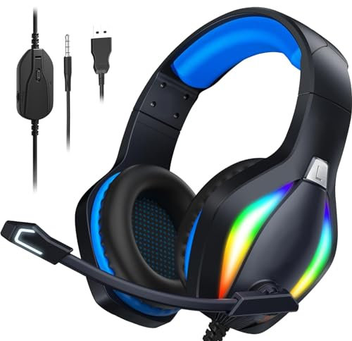 Auriculares Gaming para PC/PS4/PS5/Xbox/Mac/Nintendo Switch, Auriculares PS5 con micrófono, Auriculares Gamer PS4 con luz RGB, con conector jack de 3,5 mm - Azul