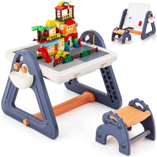 GYMAX Kids Activity Table and Chair Set, 6 in 1 Toddler Easel with Rotatable Double Sided Panel, 160 PCS Building Blocks & 2 Storage Boxes, Children Sand/Water Table for Boys Girls