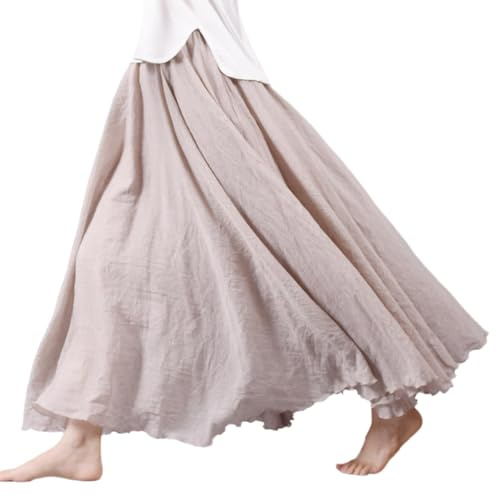Baumwoll-Leinenrock für Damen, Sommer-Leinen-, elastische Taille, A-Linie, fließende röcke, beige