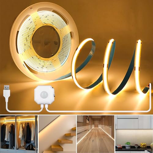 RYE Motion Sensor COB LED 5V USB Strip Light 3M 2700K Warm White,Stay on & Detection Lighting Modes,for DIY Lighting in Bedroom/Kitchen/Staircase/Corridor etc. Power Supply Excluded.