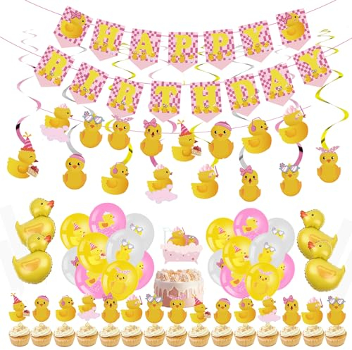 77 Rosa Ente Thema Geburtstag Party Ballon dekorative Geschenkpaket, gelbe Ente Kuchen Dekoration, Ente Spiral Anhänger, Baby Dusche, Sommer Party Zubehör