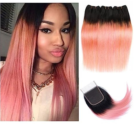 Extensions de Cheveux Bundles droits avec fermeture à lacet 4x4 Hot Pink Rose Golden Luxury Remy Extensions de cheveux humains pré-colorés Extension de Queue(10 12 14 with 14)