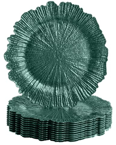 Koyal Wholesale 12 Pack Reef Charger Plates Bulk Plastic Plate Chargers With Floral Reef Design Round Ruffled Rim Dinner Charger Plates For Wedding Party Table Setting Decor (Emerald Green)